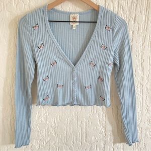 Self Esteem Light Blue Butterfly Long Sleeve Ribbed Cropped Cardigan Size Small